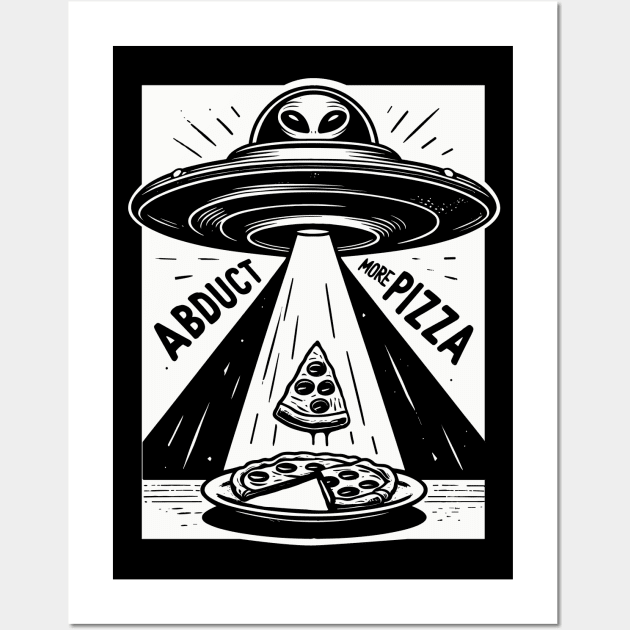 Alien UFO Pizza Abduction Linocut Wall Art by SubtleSplit